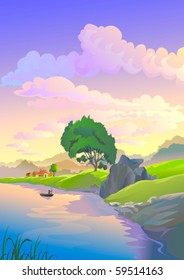 Its dusk  time by sleepy riverside village