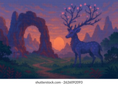 Pixel‑art dusk valley with a giant stone arch and a mystical deer whose branch‑like antlers bloom with glowing flowers. Retro 16‑bit fantasy backdrop perfect for game environments.