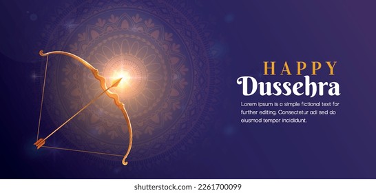 Dussehra banner concept. Bow with arrow on background of traditional Indian patterns. Culture and religion, Buddhism. Legend and fairy tale. Holiday and festival. Cartoon flat vector illustration