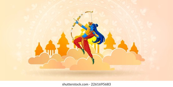 Dussehra banner concept. Imaginary character, imagination and fantasy, fairy tales. Traditional oriental festival or holiday. Lord Rama killing Ravana metaphor. Cartoon flat vector illustration