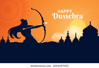 Concepto de banner de Dussehra. Silhouette de mujer disparando desde la proa al atardecer o al amanecer. Cultura y leyenda india. Fiesta y festival tradicionales. Ram y Rawan. Dibujo vectorial plano de dibujos animados