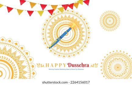 Dussehra banner concept. Traditional Indian holiday and festival. Oriental golden patterns with feast and colorful flags, culture. Design element for greeting card. Cartoon flat vector illustration