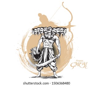 Dussehra celebration - Angry Ravana with ten heads, Hand Drawn Sketch Vector illustration.