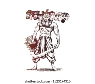 Dussehra celebration - Angry Ravana with ten heads, Hand Drawn Sketch Vector illustration.