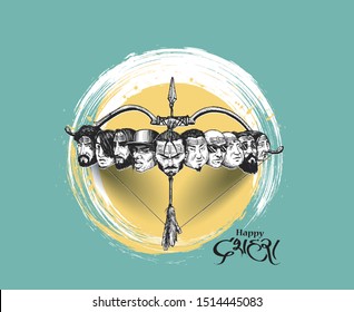 Dussehra celebration - Ravana ten heads with bow and arrow, Hand Drawn Sketch Vector illustration.