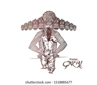 Dussehra celebration - Ravana ten heads with bow and arrow, Hand Drawn Sketch Vector illustration.