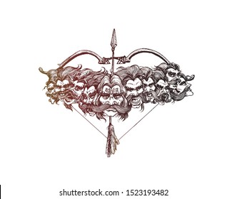 Dussehra celebration - Ravana ten heads with bow and arrow, Hand Drawn Sketch Vector illustration.