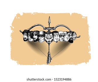 Dussehra celebration - Ravana ten heads with bow and arrow, Hand Drawn Sketch Vector illustration.