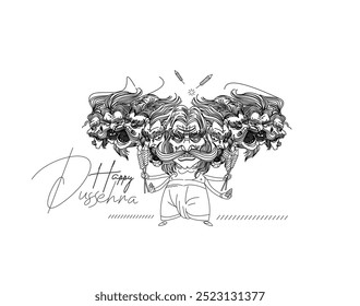 Celebración de Dussehra - Ravana diez cabezas, Ilustración vectorial de bosquejo dibujado a mano.