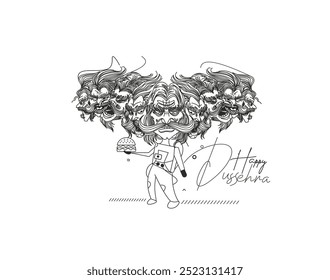 Celebración de Dussehra - Ravana diez cabezas, Ilustración vectorial de bosquejo dibujado a mano.