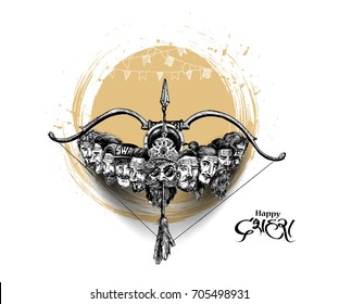 Dussehra celebration - Ravana with ten heads, Hand Drawn Sketch Vector illustration.