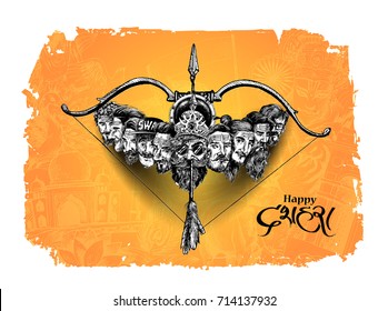 Dussehra celebration - Ravana ten heads with bow and arrow, Hand Drawn Sketch Vector illustration.