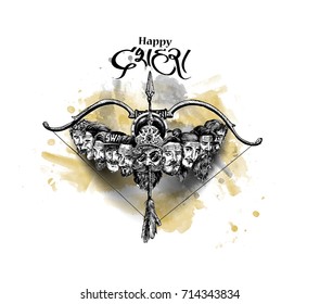 Dussehra celebration - Ravana ten heads with bow and arrow, Hand Drawn Sketch Vector illustration.