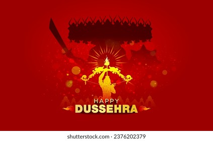 Dussehra festival of India. Happy Dussehra text with Lord Rama killing Ravana background. Vijayadashami vector illustration design.