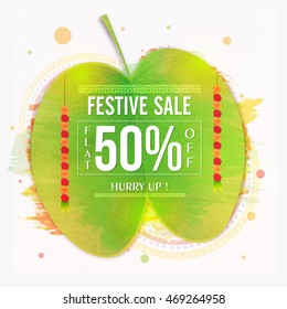 Dussehra Festive Sale with Flat 50% Off, Typographic background with Sona Patta (Golden Leaf), Creative Sale and Discount Poster, Banner or Flyer design.