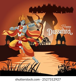  Uma saudação de Dussehra com Lord Rama desenhando seu arco com a silhueta de Ravana e um horizonte da cidade no fundo Happy Dussehra está escrito no topo simbolizando o triunfo do bem sobre o mal