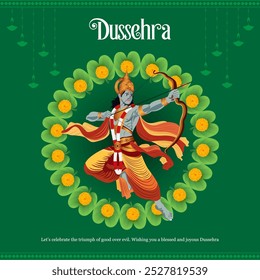 Saludo Dussehra presentando al Señor Rama como un guerrero con un arco rodeado de hojas verdes y caléndulas amarillas El texto dice Celebremos el triunfo del bien sobre el mal