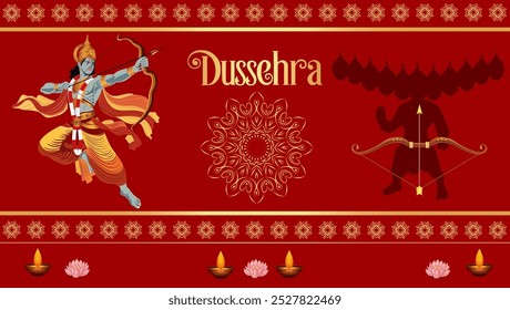 Dussehra greeting featuring Lord Rama as a warrior drawing his bow opposite Ravana holding a bow Text Dussehra is bold between them with diyas and lotus flowers at the bottom