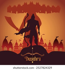 Dussehra saudação com uma silhueta do Senhor Rama em uma colina com um arco e seta, e uma silhueta maior de Ravana de dez cabeças no fundo. Texto Dussehra na parte inferior






