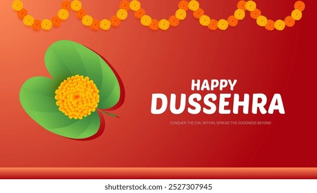  Dussehra greeting has a red background with a green leaf in the center adorned with yellow marigolds Above the leaf is a garland of marigold HAPPY DUSSEHRA is written in bold letters at the top