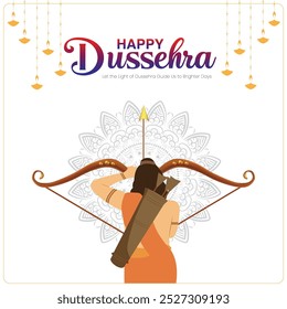 
A imagem de saudação de Dussehra apresenta um homem segurando um arco e seta simbolizando a vitória Um desenho mandala adorna o fundo com diyas pendurados no topo O texto HAPPY DUSSEHRA está abaixo