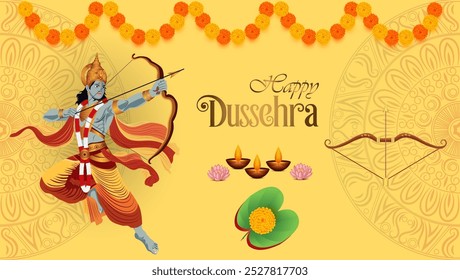 Saudação de Dussehra com Lord Rama desenhando seu fundo dourado arco, grinaldas de marigold mandala diyas flores de lótus e Happy Dussehra em negrito no topo






