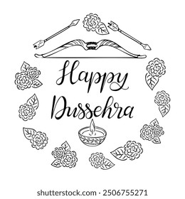 Dussehra holiday doodle set with calligraphic text Happy Dussehra. Monochrome contour composition with holiday bow and arrows isolated on white background. Sketchy drawing related to Indian holiday