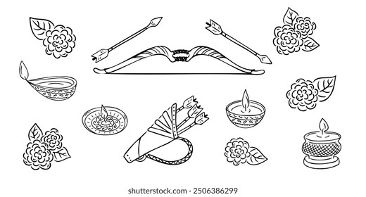 Dussehra conjunto de doodle de vacaciones. Etiqueta engomada monocromática del contorno del Vector con las lámparas del aceite del día de fiesta, el arco y las flechas aisladas en el fondo blanco. Dibujo incompleto relacionado con la festividad india