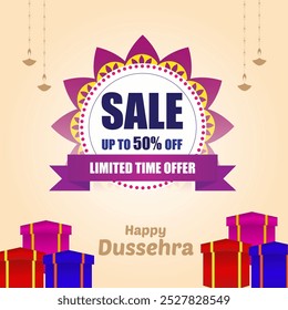 Dussehra sale ad with a beige background purple circular design reading SALE and UP TO 50 percentage OFF Hanging diyas gift boxes and Happy Dussehra at the bottom complete the design