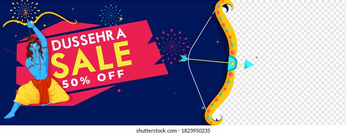 Dussehra Sale Header or Banner Design with 50% Discount Offer and Lord Rama Character on Blue Fireworks and Png Background.