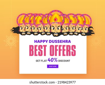 Dussehra Sale Poster Design With 40% Discount Offer, Demon King Ravana Faces On White And Orange Background.