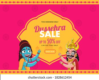 Dussehra Sale Poster Design with 50% Discount Offer, Cheerful Lord Rama and Demon Ravana Character on Pink and Yellow Mandala Background.
