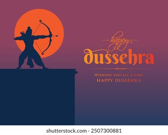 Dussehra or Vijayadashami Festival greetings design. Silhouette of Lord Shriram. Vector illustration.