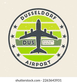 Dusseldorf airport insignia. Round badge with vintage stripes, airplane shape, airport IATA code and GPS coordinates. Creative vector illustration.