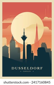 Afiche de brutalismo de la ciudad de Dusseldorf con horizonte abstracto, cityscape retro ilustración vectorial. Alemania, Westphalia portada de viaje, folleto, volante, folleto, imagen de la plantilla de presentación de negocios