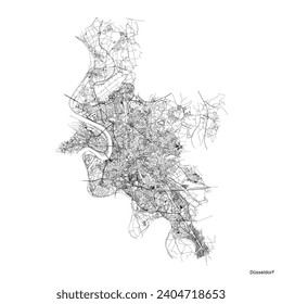 Mapa de la ciudad de Dusseldorf con carreteras y calles, Alemania. Blanco y negro. Ilustración del contorno del vector.