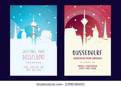 Dusseldorf city poster with Christmas skyline, cityscape, landmarks. Winter Germany megapolis town holiday, New Year vertical vector layout for brochure, website, flyer, leaflet, card