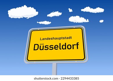 Dusseldorf city sign in Germany. City limit welcome road sign. Landeshauptstadt means State Capital in German language.