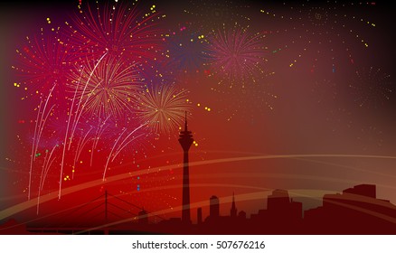 DUSSELDORF City Silhouette, Celebration, Fireworks 