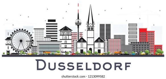 Dusseldorf Germany City Skyline with Color Buildings Isolated on White. Vector Illustration. Business and Tourism Concept with Historic Architecture. Dusseldorf Germany Cityscape with Landmarks.