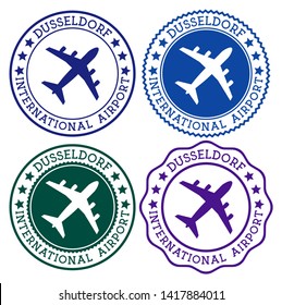 Dusseldorf International Airport. Dusseldorf airport logo. Flat stamps in material color palette. Vector illustration.