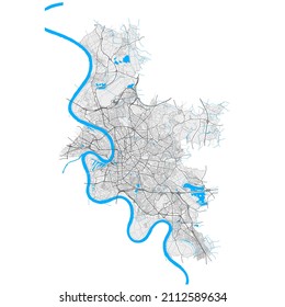 Dusseldorf, North Rhine-Westphalia, Germany High Resolution Vector Map With City Boundaries And Editable Paths. White Outlines For Main Roads. Many Detailed Paths. Blue Shapes And Lines For Water.