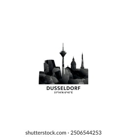 Dusseldorf panorama, vector badge, skyline logo and icon. Germany city horizon logotype with landmarks and building silhouettes. Isolated foggy abstract gradient graphic