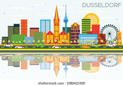 Dusseldorf Skyline with Color Buildings, Blue Sky and Reflections. Vector Illustration. Business Travel and Tourism Concept with Historic Architecture. Dusseldorf Germany Cityscape with Landmarks.