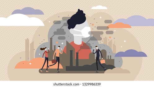 Dust In Air Vector Illustration. Flat Tiny Dirty Smog Air Persons Concept. Clean Breathing Equipment For Urban City Pollution. Chemical Steam Cloud From Factory Effect. Outdoor Allergy Environment