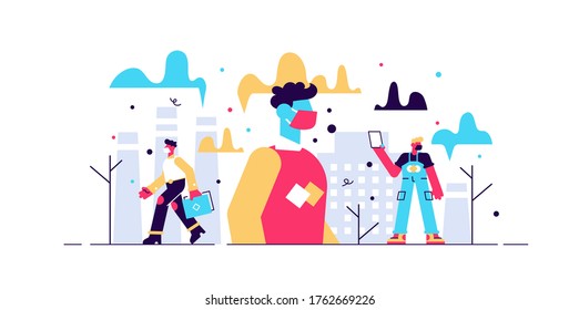 Polvo en la ilustración del vector de aire. El concepto de personas de aire de smog sucio y plano. Equipos respiratorios limpios para la contaminación urbana. Nube de vapor química a partir del efecto de fábrica. Entorno de alergia al aire libre
