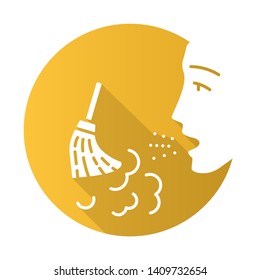 Dust allergy flat design long shadow glyph icon. Airborne allergen source. Allergic reaction of immune system. Man breathes house dust. Respiratory disease. Vector silhouette illustration