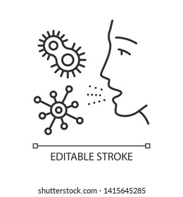 Dust allergy linear icon. Allergic reaction to bacteria. Pathogen inhalation. Protozoan diseases. Colds. Thin line illustration. Contour symbol. Vector isolated outline drawing. Editable stroke