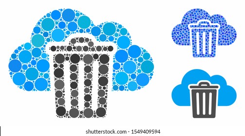 Dust bin mosaic of circle elements in various sizes and color tinges, based on dust bin icon. Vector circle elements are organized into blue mosaic. Dotted dust bin icon in usual and blue versions.