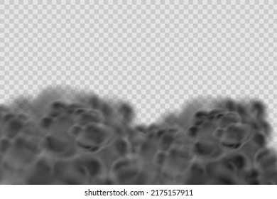 Dust black cloud with dirt,cigarette smoke, smog, soil and sand  particles. Realistic vector isolated on transparent background. Concept house cleaning, air pollution,big explosion.